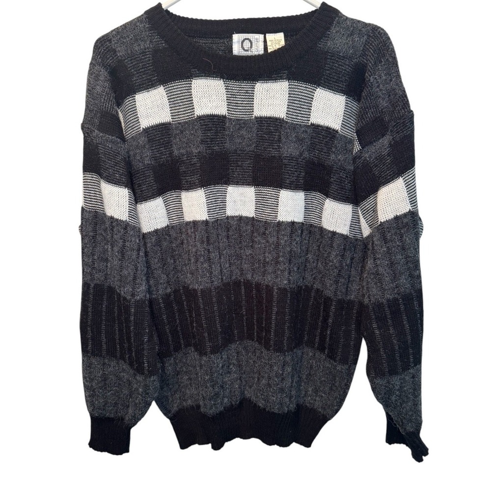 VTG Queue Mens Black White Grey Checkered Colorblock Crew Neck Sweater Large